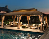 MELLCOM 12' x 24' Hardtop Gazebo,Galvanized Steel Metal Double Roof Aluminum Gazebo with Curtain and Netting,Brown Permanent Pavilion Gazebo with Aluminum Frame for Patios,Gardens,Lawns MELLCOM