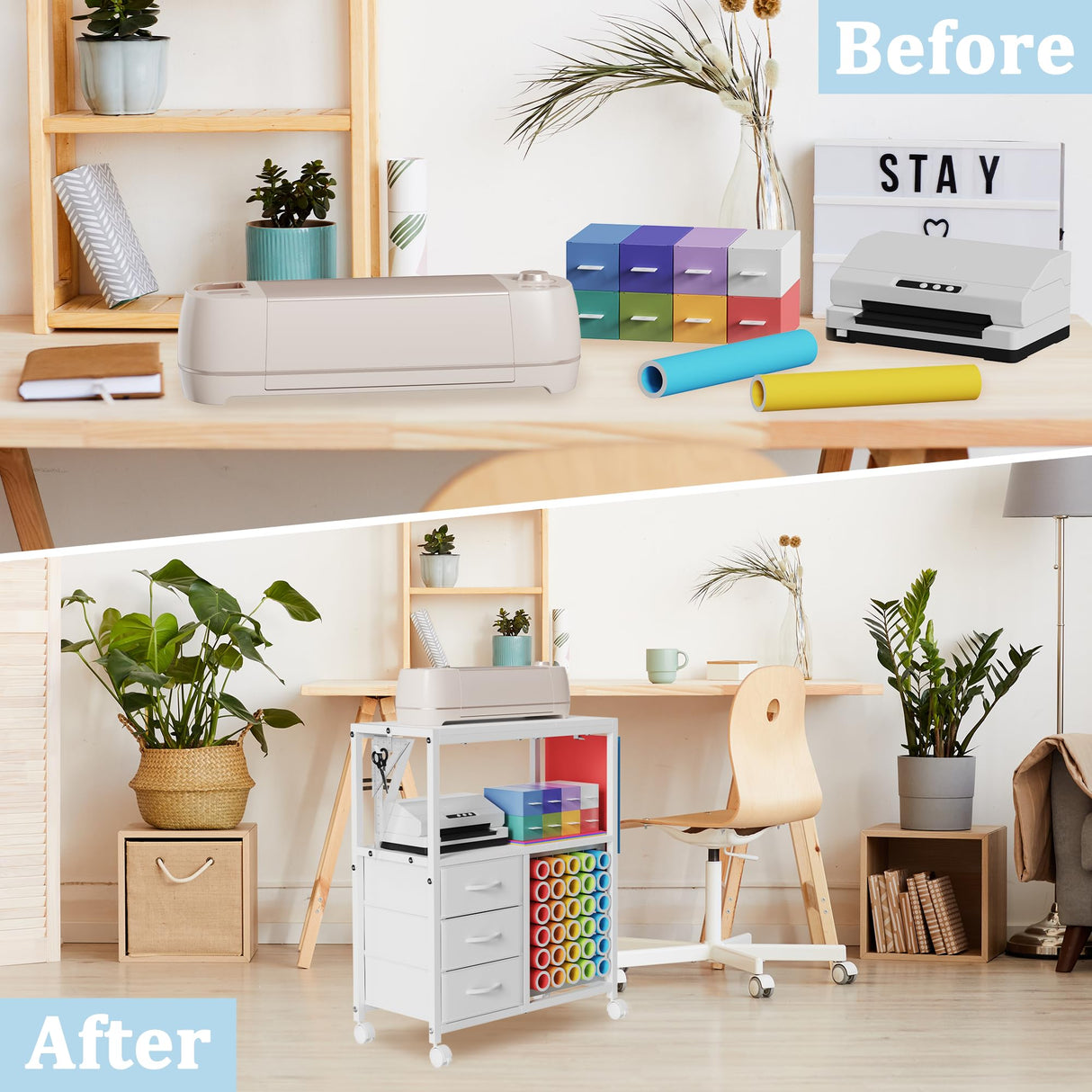 30 Vinyl Roll Holders for Cricut Cart, Rolling Craft Cart with 3 Fabric Drawer, Craft Organization and Storage Compatible with Cricut Maker Machine, Crafting Cabinet Table Workstation, White Jchccu