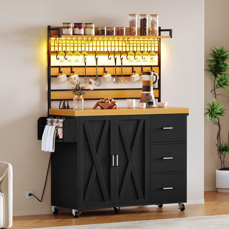 DWVO 53 inch Bakers Rack with Power Outlet and Storage, Farmhouse Coffee Bar Cabinet on Wheels, Microwave Stand Kitchen Cabinet with Hutch, LED Lights, Wine Glass Holder and 14 Hooks, Black DWVO