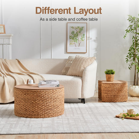 Giofanzo Round Nesting Coffee Table Set of 2 with Storage - Handwoven Wicker Rattan Ottoman Style, Boho Coastal Coffee Tables for Living Room, Rattan Coffee Table with Cushion Base & Solid Wood Cover Giofanzo