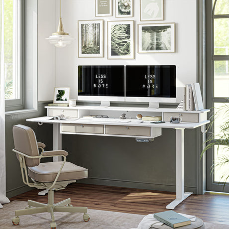FEZIBO Sturdy Height Adjustable Electric Standing Desk with Drawers, 63 x 24 Inch Stand Up Table with Large Storage Shelf, Sit Stand Desk, White Top FEZIBO