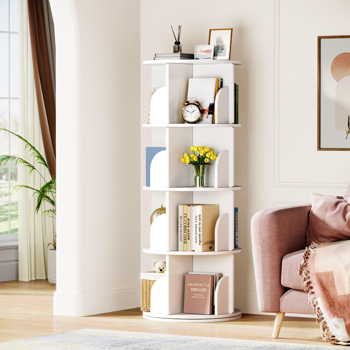 FOLINALA Rotating Bookshelf, Small Corner Bookcase with Storage for Small Space, 4 Tier 360 Spinning Bookshelf Tower, Revolving Book Shelf Organizer for Bedroom, Living Room and Study Room (White) FOLINALA