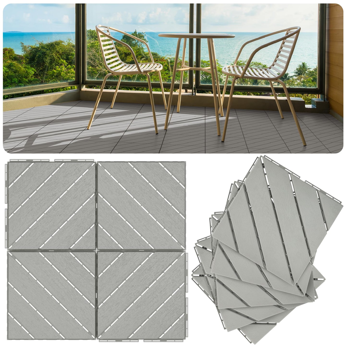 D&D Living 9 Pack Hard Plastic Interlocking Deck Tiles - 12"x12" Heavy Duty Deck Tiles Interlocking Outdoor All Weather. Porch & Poolside, Patio Flooring Outdoor Waterproof. 9sqft Area Coverage