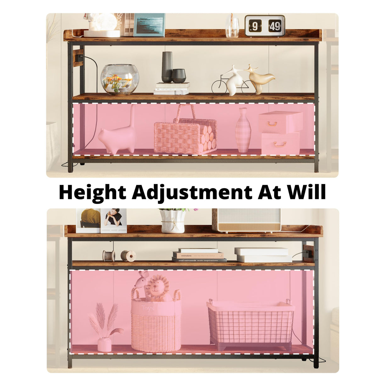 IRONCK Console Table, Sofa Table with Power Outlet, Farmhouse Hallway Table for Entryway, Living Room, Height Adjustable, Easy Assembly, Rustic Brown,55" IRONCK