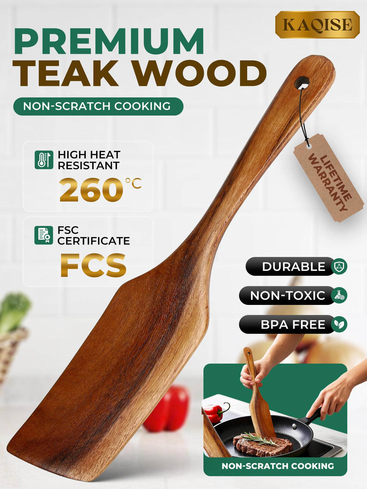 Handmade Wooden Spatulas for Cooking, Heat Resistant Teak Wood Spatula and Turner of Different Size, Nonstick Wooden Utensil Set for Kitchen Cooking (5Pcs) KAQISE