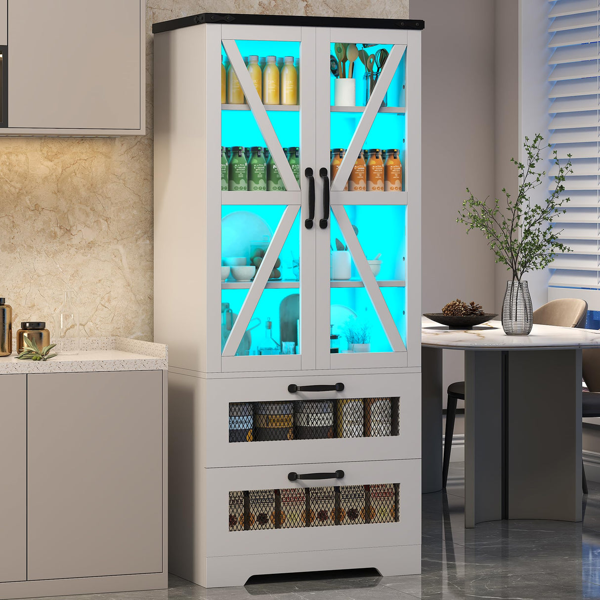 Jehiatek 56" Storage Cabinet with LED Light, Modern Farmhouse Cabinet with Large Drawers & Adjustable Shelves, Display Bookcase with Glass Door, Cupboard Sideboard for Living/Dining Room, White Jehiatek