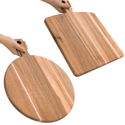 KOLWOVEN Acacia Wood Cutting Board 2 Pack with Handle, Wooden Charcuterie Board Large Paddle Carving Chopping Board Set, Serving Tray for Cheese Meat Fruit Pizza Bread Baking