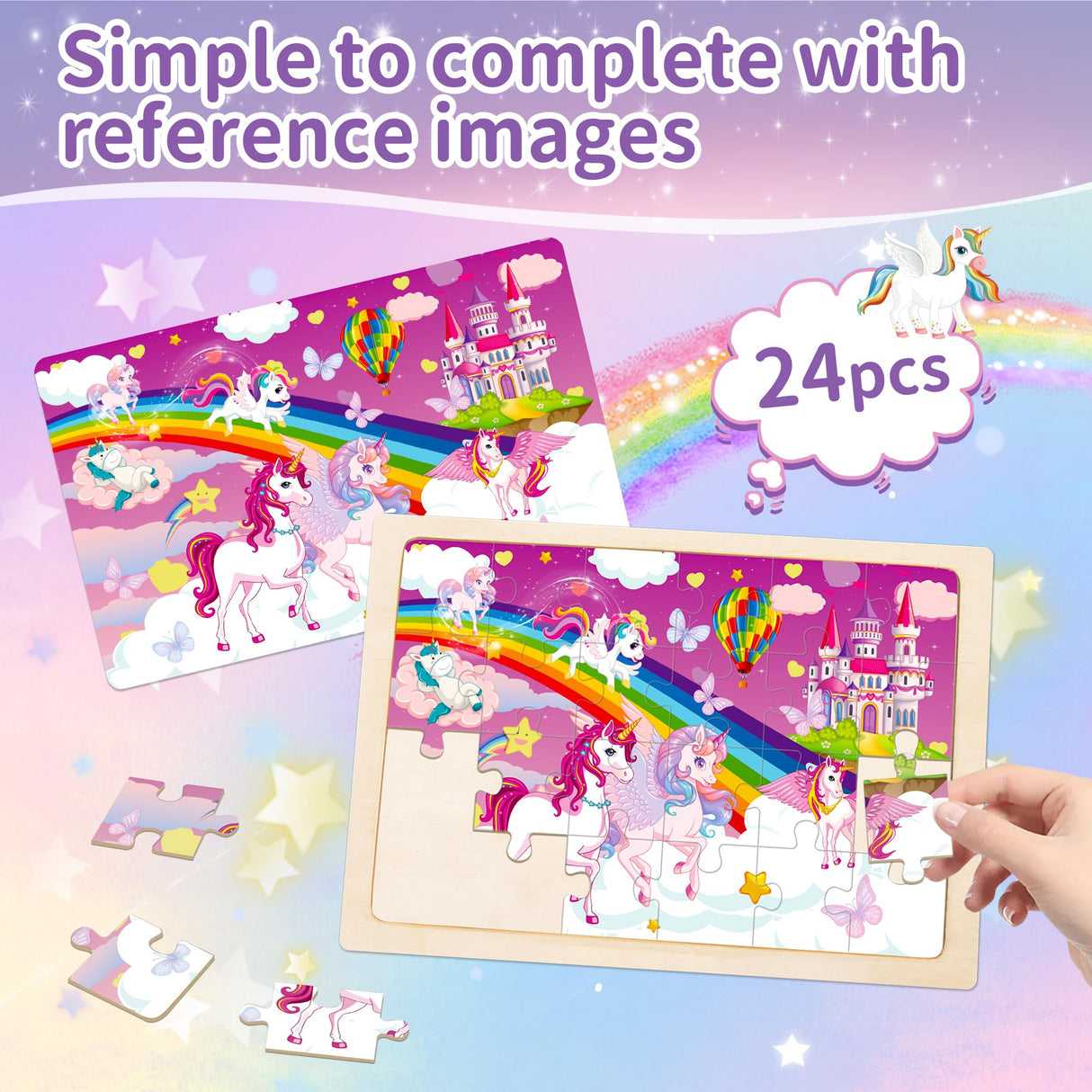 Puzzles for Kids Ages 4-6,Unicorn Princess Wooden Jigsaw Puzzles 4 Packs Puzzles for Kids Ages 3-5,24 Pcs Educational Preschool Toddler Puzzle,Unicorn Toys Gifts for 3 4 5 6 Years Old Girls Boys Sticeard