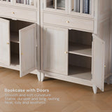 SunsGrove 73" White Oak Bookcase with Glass Doors & Drawer - Adjustable Shelf, Modern Classic Storage for Living Room, Home Office (4 Doors, Floor Standing) SunsGrove