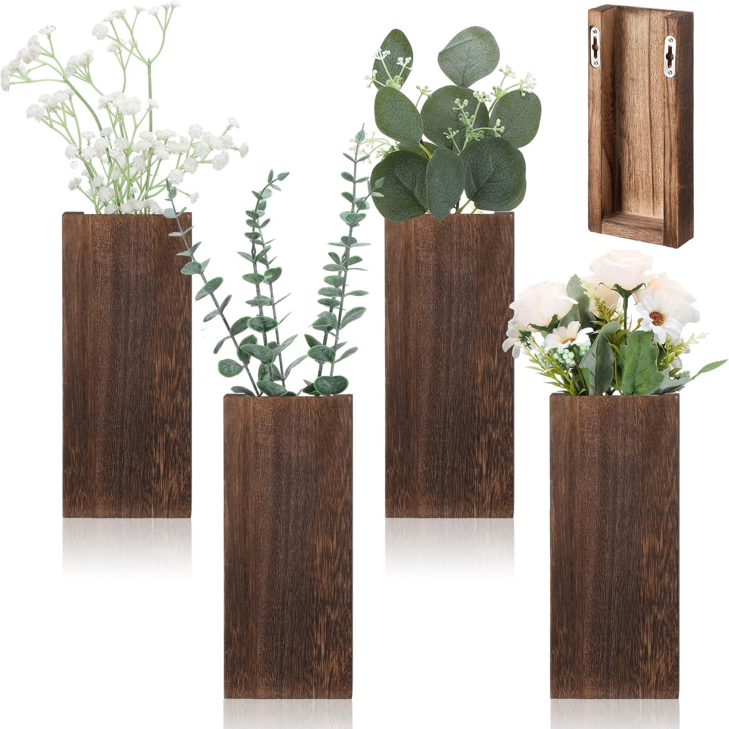 Ziliny 4 Pack Wood Wall Planter for Dried Flowers and Artificial Greenery Indoor Plants Holder, Wood Wall Decor Wooden Pocket Vase Modern Farmhouse Wall Hanging Planter for Living Room Bedroom Home