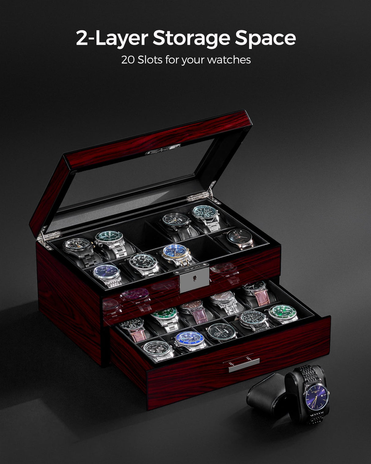 ANWBROAD 20 Slot Watch Box for Men and Women - 2-Tier Display Case With Large Glass Lid, Lockable Wooden Organizer, Luxurious Holder UJWB002Y ANWBROAD