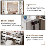 FURNJOYLIFE Farmhouse Makeup Vanity with Lighted Mirror & Charging Station, Vanity Desk Dresser Table with 3 Lighting Modes Brightness Adjustable,Drawers,Shelves,Hair Dryer Stand for Bedroom,White FURNJOYLIFE