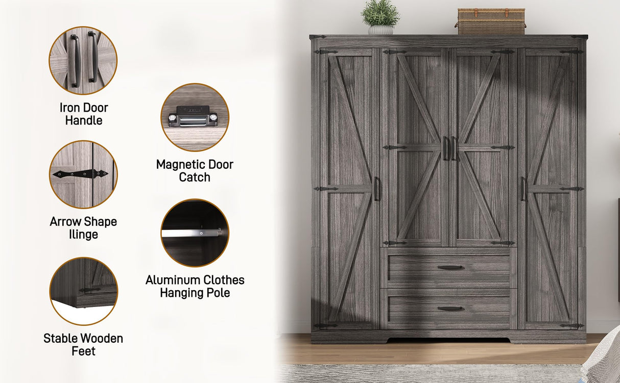 Hlivelood 4 Doors Wardrobe Armoire Closet with Doors and Drawers, Farmhouse Wooden Armoire Storage Cabinet with Shelves & Hanging Rod for Bedroom, Grey Hlivelood