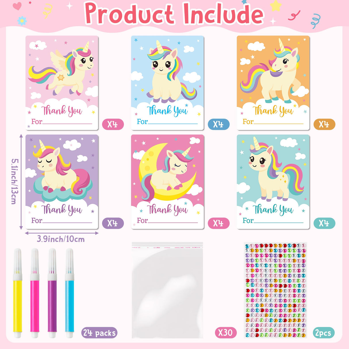 WATINC Wooden Painting Mother's Day Thank You Gifts - 24Pcs Unfinished Blank Wooden Cutouts for Kids, 6 Styles Wood Cutouts Ornament with Thanks Cards,DIY Your Own Party Favors Set (Unicorn WATINC