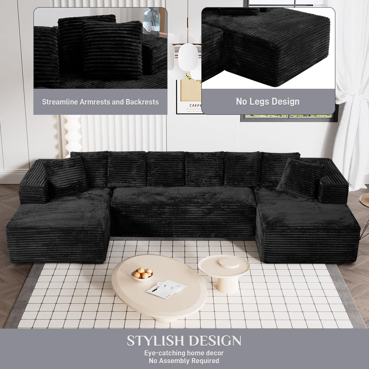 ONEMMLION Modular Sectional Sofa Cloud Couch, 131" Black Boneless Couches for Living Room, Comfy Deep Seat Plush Corduroy Sofa, Modern Fluffy Memory Foam U Shape Sectional Couch with Chaise Lounge ONEMMLION