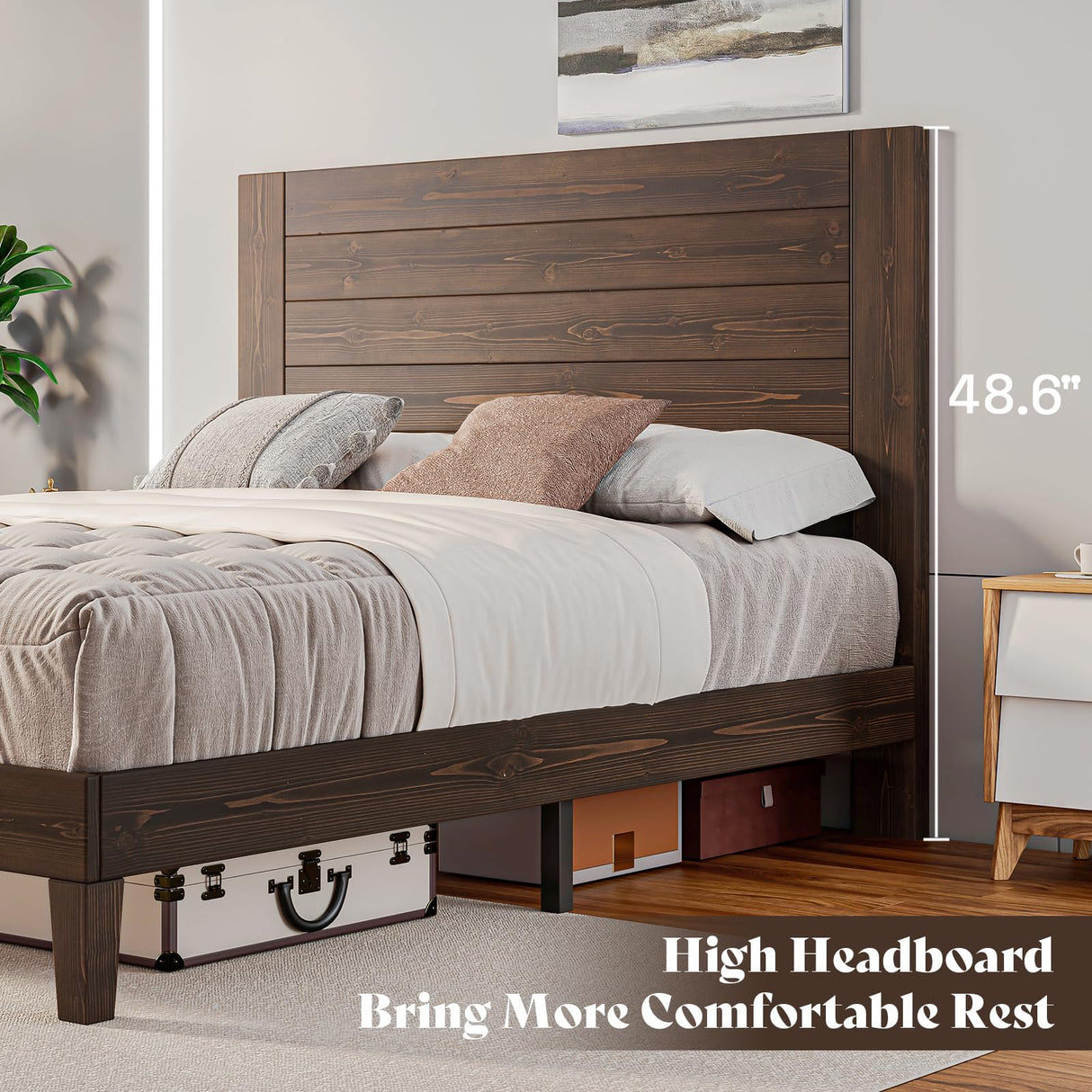 Mid-Century Modern Queen Size Solid Wood Bed Frame with 48" Headboard – Sturdy, Noise-Free Design in Dark Brown AMERLIFE
