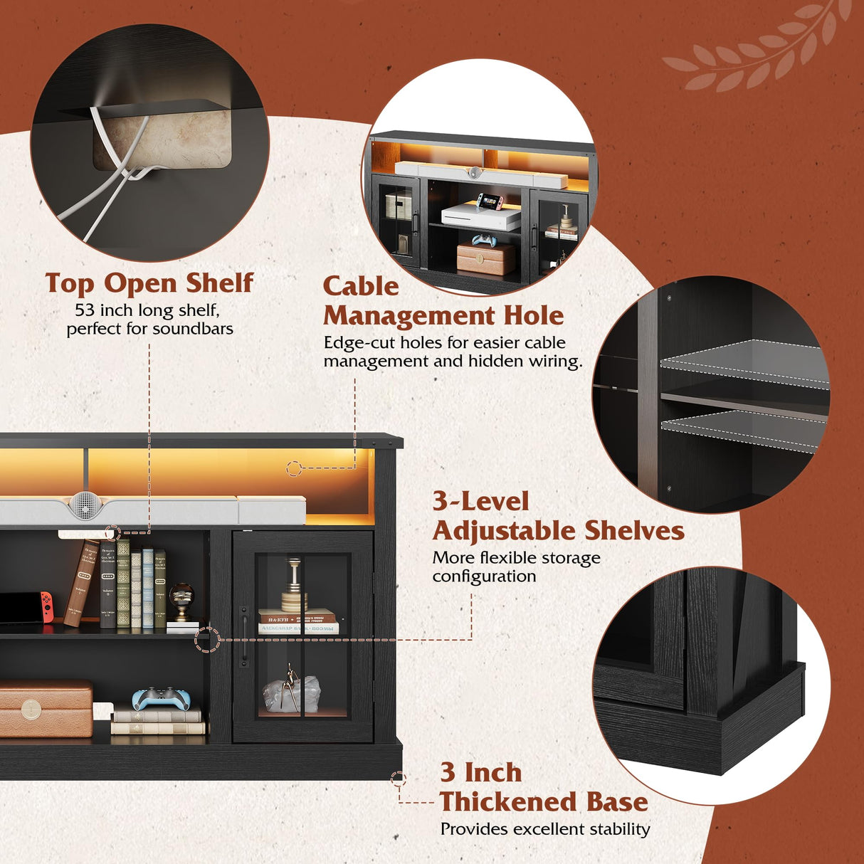 WLIVE TV Stand for 65 Inch TV, Retro Entertainment Center with LED Lights, Farmhouse TV Console wirh Open Shelves and Glass Cabinet Doors, Black WLIVE