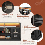 WLIVE TV Stand for 65 Inch TV, Retro Entertainment Center with LED Lights, Farmhouse TV Console wirh Open Shelves and Glass Cabinet Doors, Black WLIVE