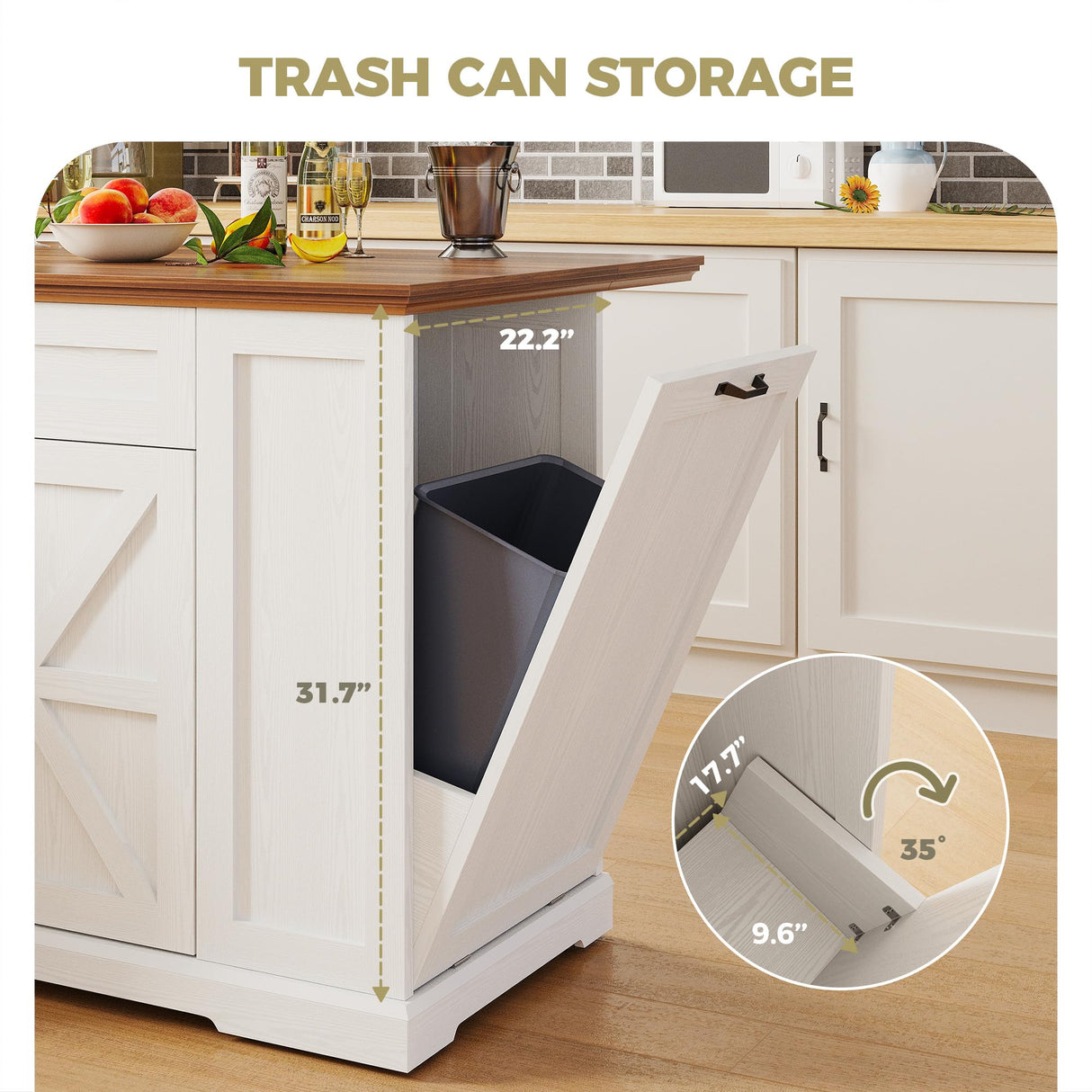 IRONCK Kitchen Island with Storage, Rolling Island Table on Wheels with Cart Drop Leaf and Trash Can Storage, Portable Islands Table for Dining Room, Living Room, White IRONCK