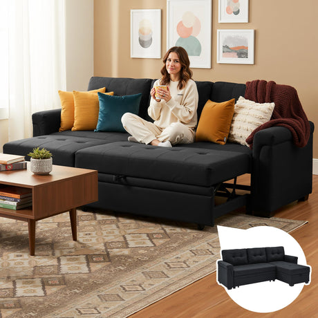 Lyngins L Shaped 3 Seat Sofa Bed with Storage, 86" Sleeper Sofa Couch with Pull Out Chaise Sectional Couch for Apartment, Bedroom, Living Room, Black Lyngins