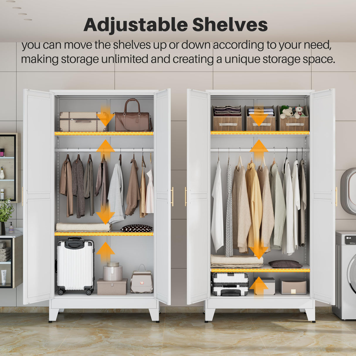 winiowa Metal Armoire Wardrobe Closet with 2 Mirror Doors, 71"' Wardrobe Cabinet with Adjustable Shelves and Hanging Rod, Clothing Storage Cabinet Closet with Mirror for Bedroom-White winiowa