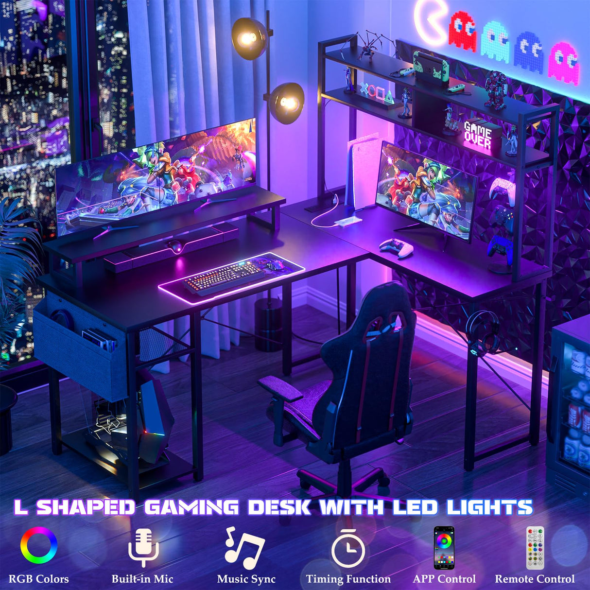 Aheaplus Small L Shaped Gaming Desk with LED Lights & Power Outlets, Reversible L-Shaped Computer Desk with Monitor Stand & Storage Shelf, Corner Desks Home Office Desk with Storage Bag, Black Aheaplus