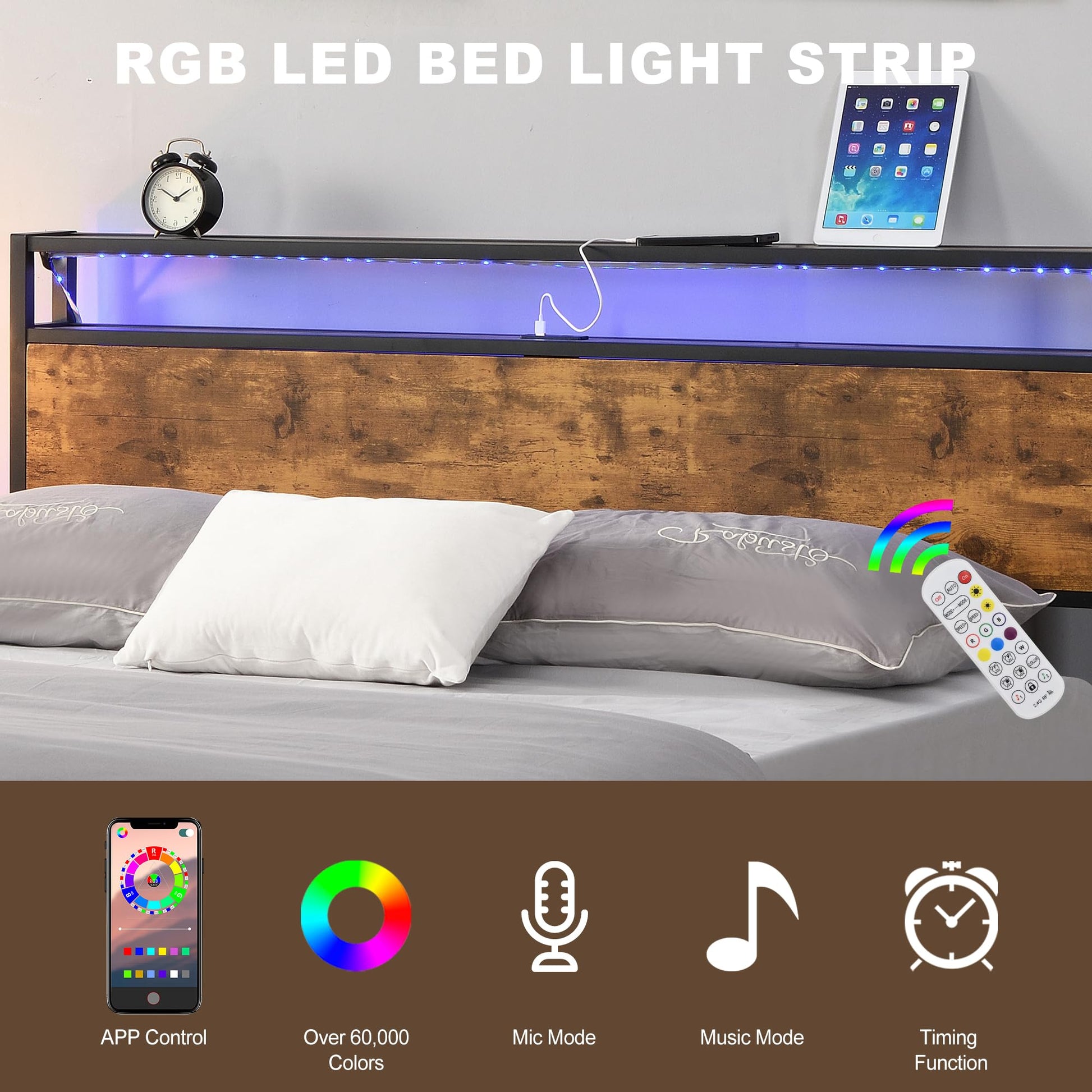 Industrial Full Bed Frame with LED Lights, USB Ports, and Under-Bed Storage in Brown - WoodArtSupply