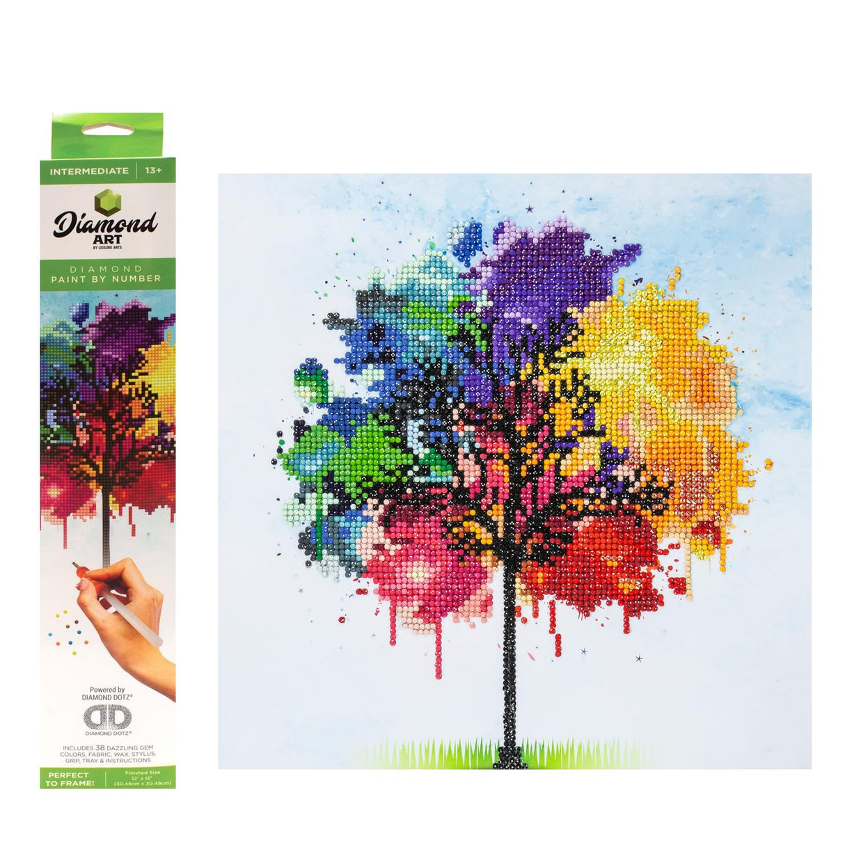 DIAMOND ART BY LEISURE ARTS Rainbow Tree Painting Kit – Intermediate DIY Craft with Round Gems – Relaxing Abstract Tree Canvas for Adults, 12" x 12" DIAMOND ART BY LEISURE ARTS
