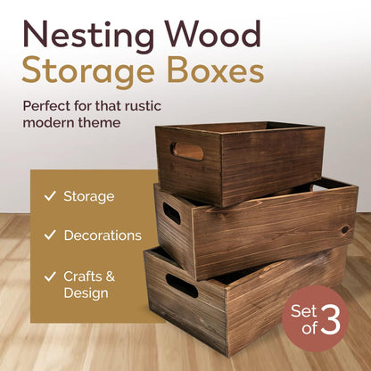 Steezu Nesting Wood Storage Boxes, Burnt Umber Stained Wooden Crate, Use as a Decorative Box, Rustic Decor Piece, Kitchen Storage and More, Wooden Box Set of 3