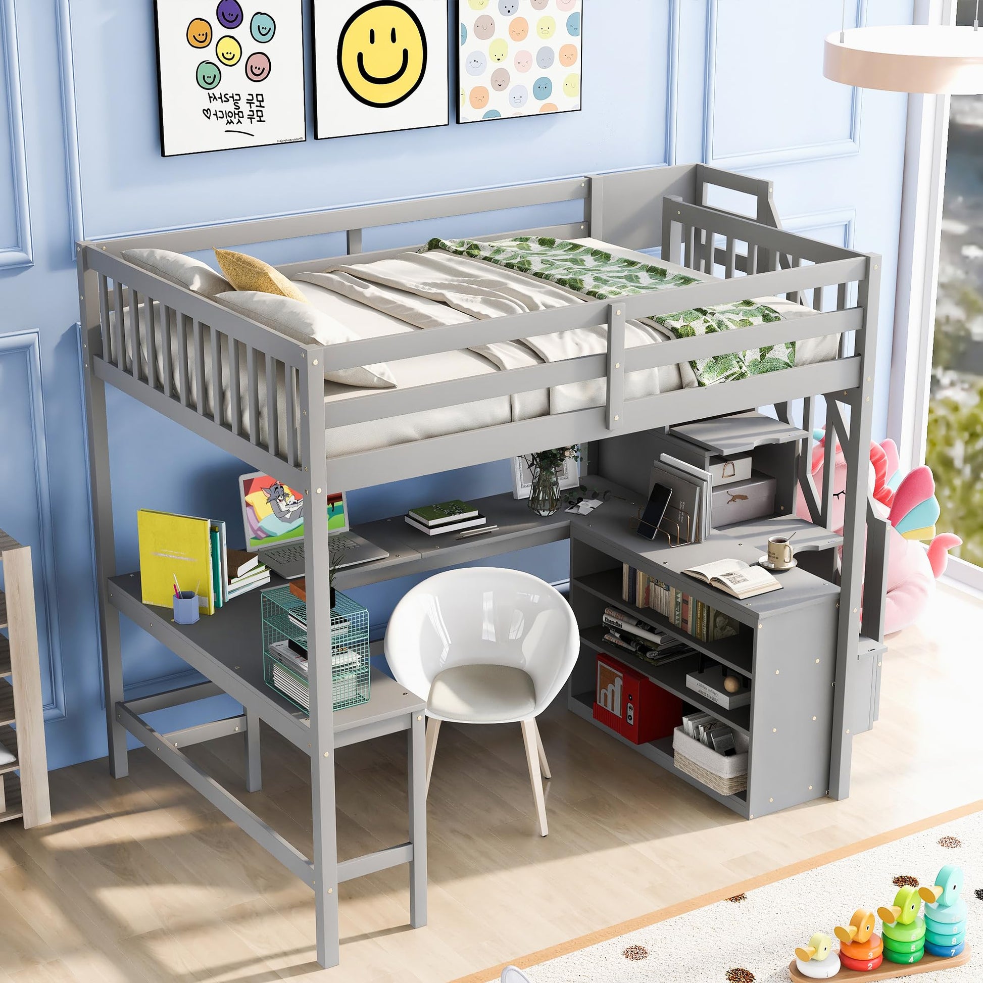 Merax Grey Full Size Loft Bed Frame with Built-in L-Shaped Desk, Storage Stairs, and Shelves for Kids - WoodArtSupply