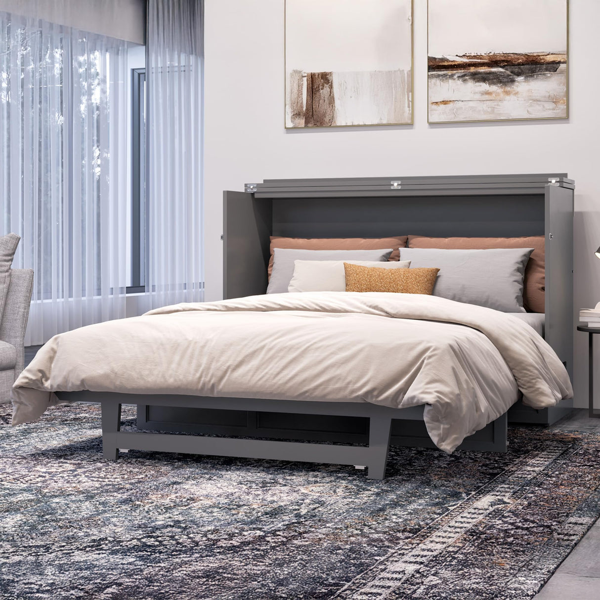 AFI, Northfield Murphy Bed Chest Queen with 6" Mattress, Storage Drawer & Built-in USB Charger, Grey AFI
