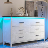 IKENO 6 Drawers Wood Dresser with LED, Storage Dresser for Bedroom, Wide Chest of Drawer with Metal Handles (White with LED) IKENO