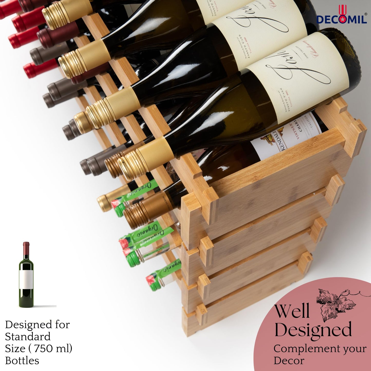 DECOMIL - 36 Bottle Large Wine Rack, Stackable & Modular Wine Storage Rack, Solid Bamboo Wine Holder Display Shelves, Wobble-Free (Four-Tier, 36 - WoodArtSupply