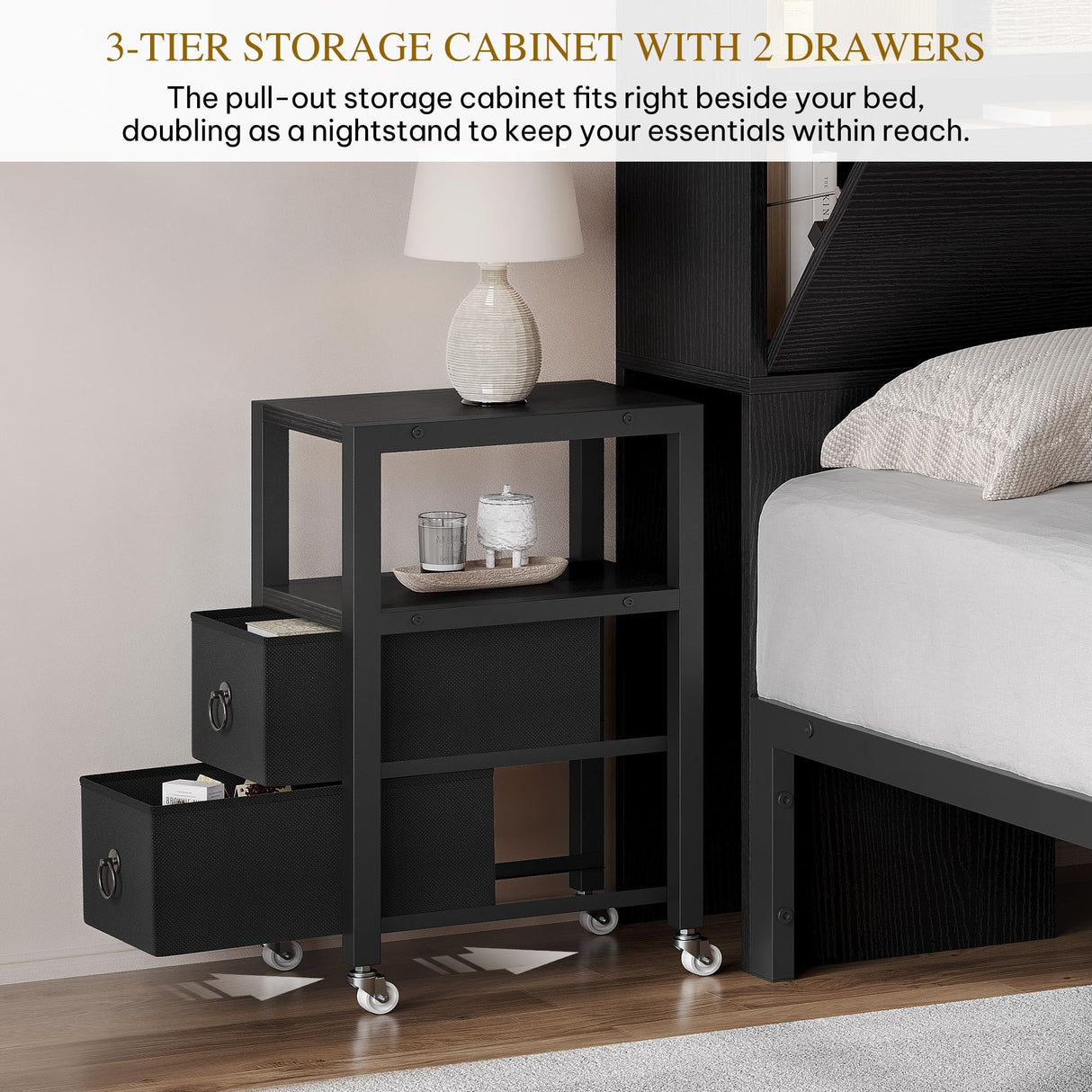 DWVO Queen Size Bed Frame with Storage Bookcase Headboard & LED Lights, Slide Out Bedside Storage, Charging Station, Heavy Duty Metal Slats, No Box Spring Needed, Noise-Free, Easy Assembly, Black DWVO