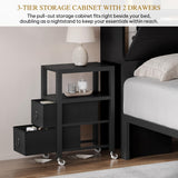 YITAHOME Queen Size Bed Frame with Storage Bookcase Headboard & LED Lights, Slide Out Bedside Storage, Charging Station, Heavy Duty Metal Slats, No Box Spring Needed, Noise-Free, Easy Assembly, Black YITAHOME