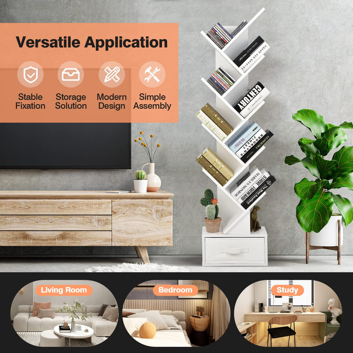 Tangkula 10 Tier Tree Bookshelf with Drawer, Floor Standing Storage Rack for CDs, Movies & Books, Display Utility Shelves for Bedroom, Living Room & Home Office (White, 10 Tier) Tangkula