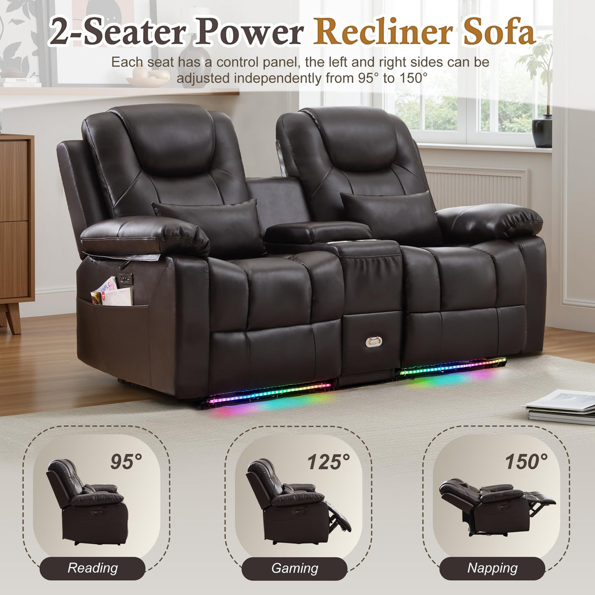 SnyFivv RV Power Loveseat Recliner Sofa, PU Leather Double Wall Hugger Reclining Sofa Home Theater Seating with Console, Cup Holders, LED Lights, 2 Person Couch RV Furniture for Living Room (Brown) SnyFivv