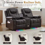 SnyFivv RV Power Loveseat Recliner Sofa, PU Leather Double Wall Hugger Reclining Sofa Home Theater Seating with Console, Cup Holders, LED Lights, 2 Person Couch RV Furniture for Living Room (Brown) SnyFivv