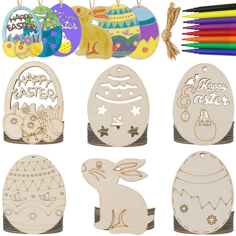 SHEHARUHI 56 PCS Easter Wooden Hanging Ornaments Unfinished Ornaments with Bunny to Paint Wood Slices Eggs Crafts for Kids DIY Easter Decorations Party Supplies Decor SHEHARUHI