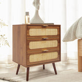 QHITTY Drawer Dresser Set of 2, Rattan Chest of Drawers with 3 Drawers Dresser, Accent Storage Cabinet Modern Bedside Table for Living Room, Bedroom, Entryway (Walnut) QHITTY