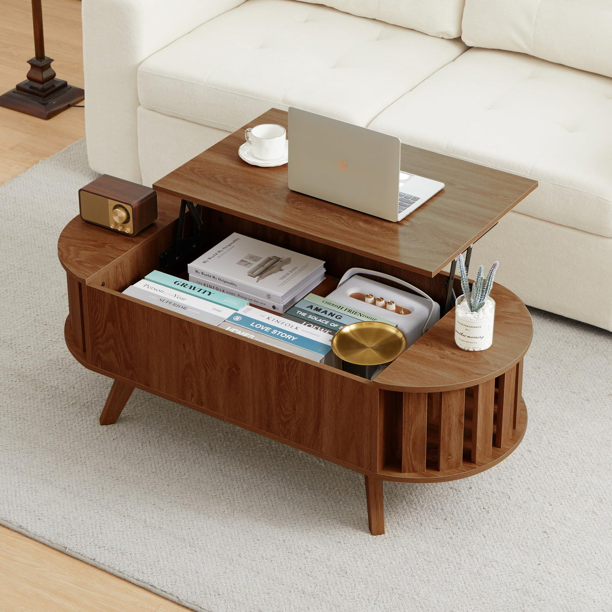 FurSch Wood Lift Top Coffee Table with Hidden Storage, 47.24" Oval Lift Table Top Curved Profile Design Conversation Table for Living Room, Office (Walnut) FurSch