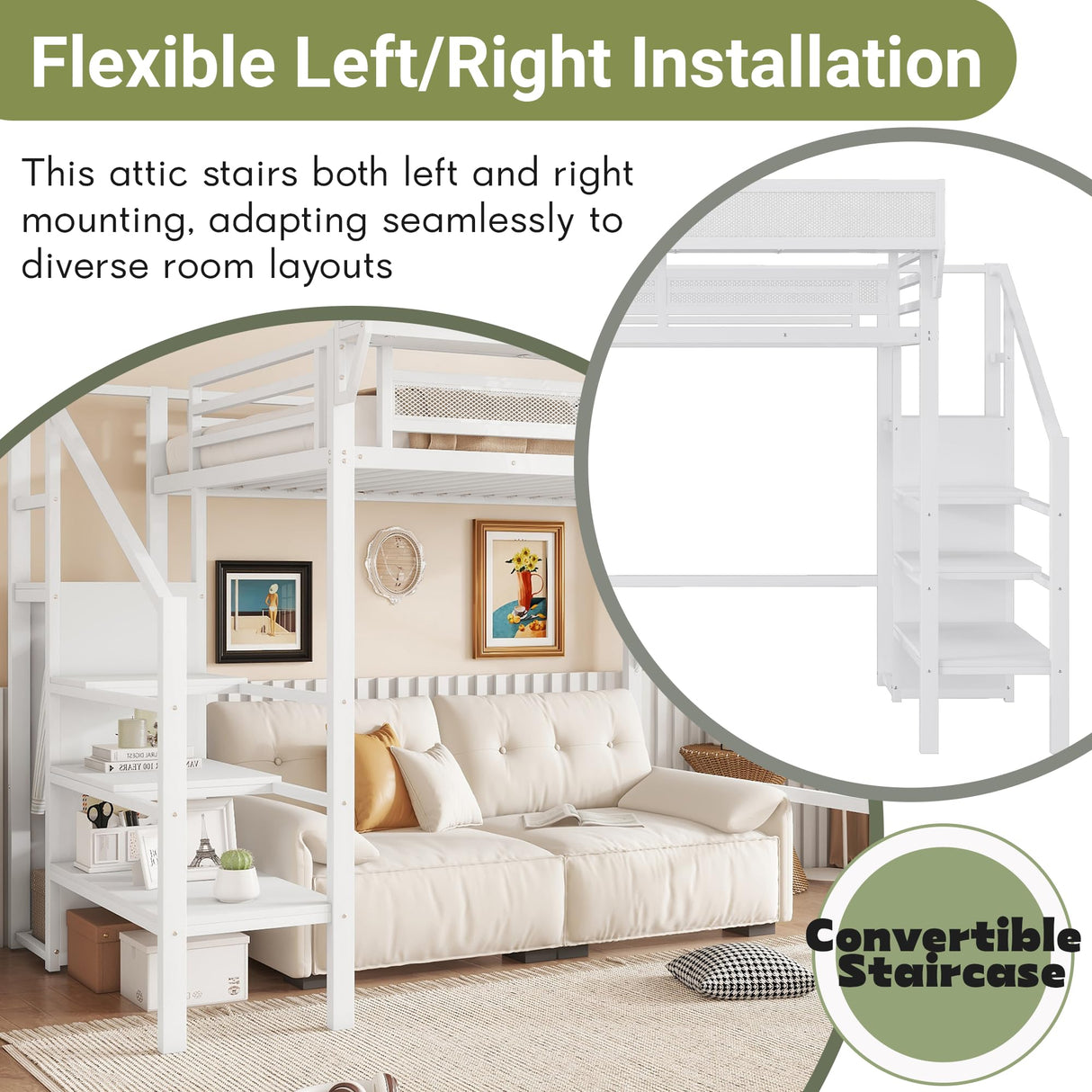 Mirightone Twin Size Loft Bed with Stairs and Storage, Metal Loft Bed Frame with A Shelf and Large Under-Bed Space, Heavy-Duty Loft Beds for Kids Boys Girls Teens, White Mirightone