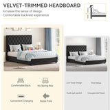 DWVO King Bed Frame with 53" Tall & 2 Charging Station, Velvet Upholstered Platform Bed with Button Tufted Headboard,No Box Spring Needed,Noise-Free (Black, Queen) DWVO