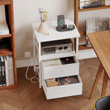 Fixwal White Night Stand with Charging Station, Bedroom Nightstand with Fabric Drawers, Bedside Table with PU Finish Fixwal