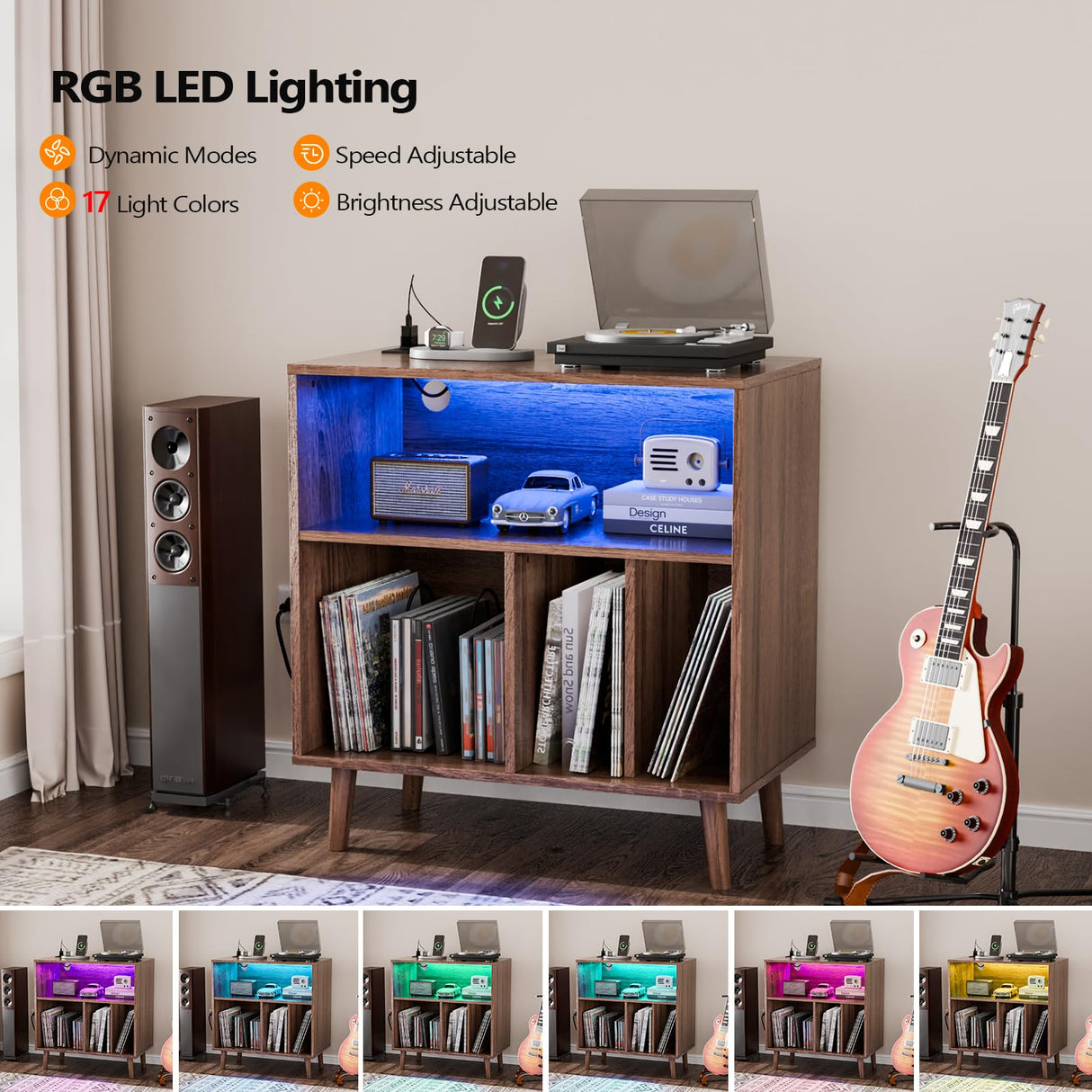 VINGLI Record Player Stand with Open Vinyl Storage, Mid-Century Album Storage Table with LED Light up to 300 Albums, Vinyl Record Player Shelf with Power Outlet for Living Room, Walnut VINGLI