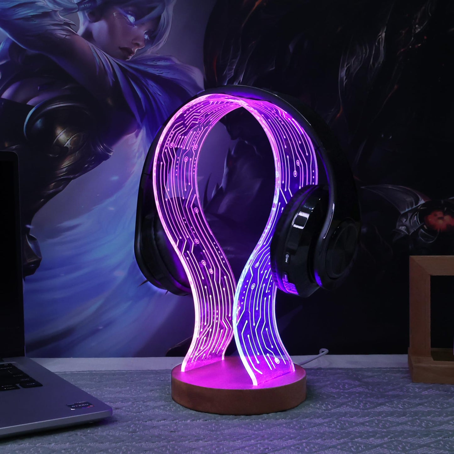 YuanDian Headphone Stand, Wood Headset Holder with Blue Pink LED Night Light for Gamers, Men, and Music Lovers - Ideal Desk Gift Idea