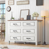 YITAHOME 6-Drawer Dresser with Built-in Power Outlet, Wood TV Stand with 6 Large Drawers & Bar Handles, Dresser Chest of Drawers for Entryway Living Room Hallway, White & Walnut YITAHOME