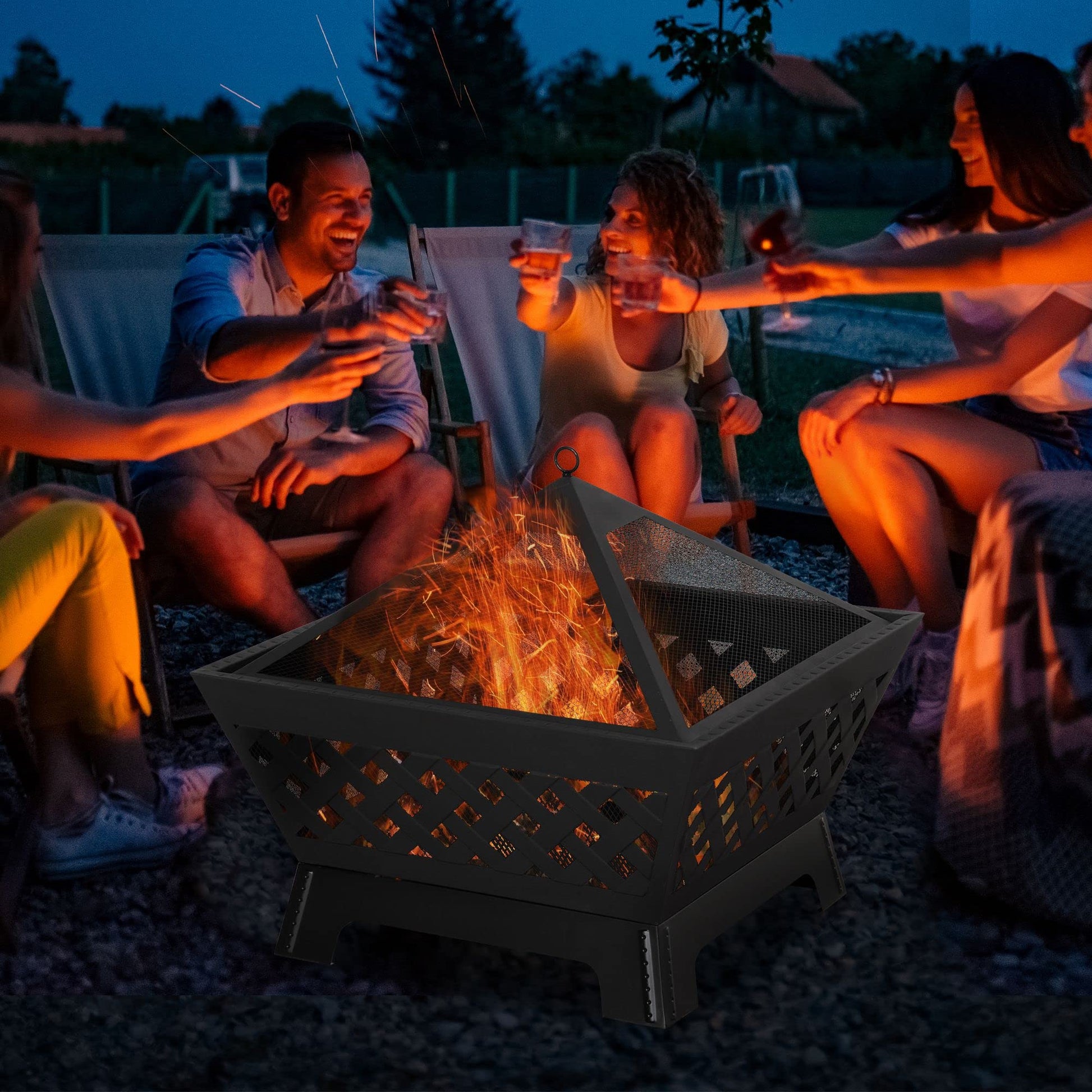 Outsunny 26 Inch Outdoor Fire Pits, Bonfire Wood Burning Firepit Bowl, Camping Fire Pit with Spark Screen Cover, Poker for Patio, or Backyard, Black - WoodArtSupply