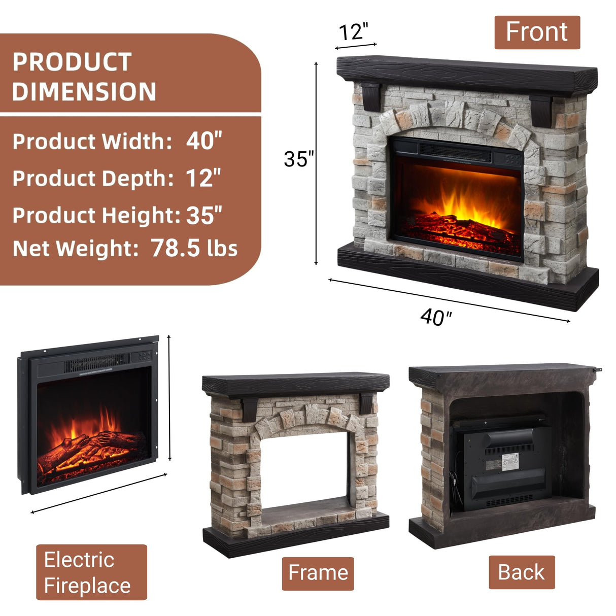 Electric Fireplace with Mantel, 40”W Faux-Stone Fireplace Mantel，Tall Fire Place Heater Freestanding with LED Flame for Living Room Bedroom, 40”Wx12”Dx35”H, Gray Edwin's Choice