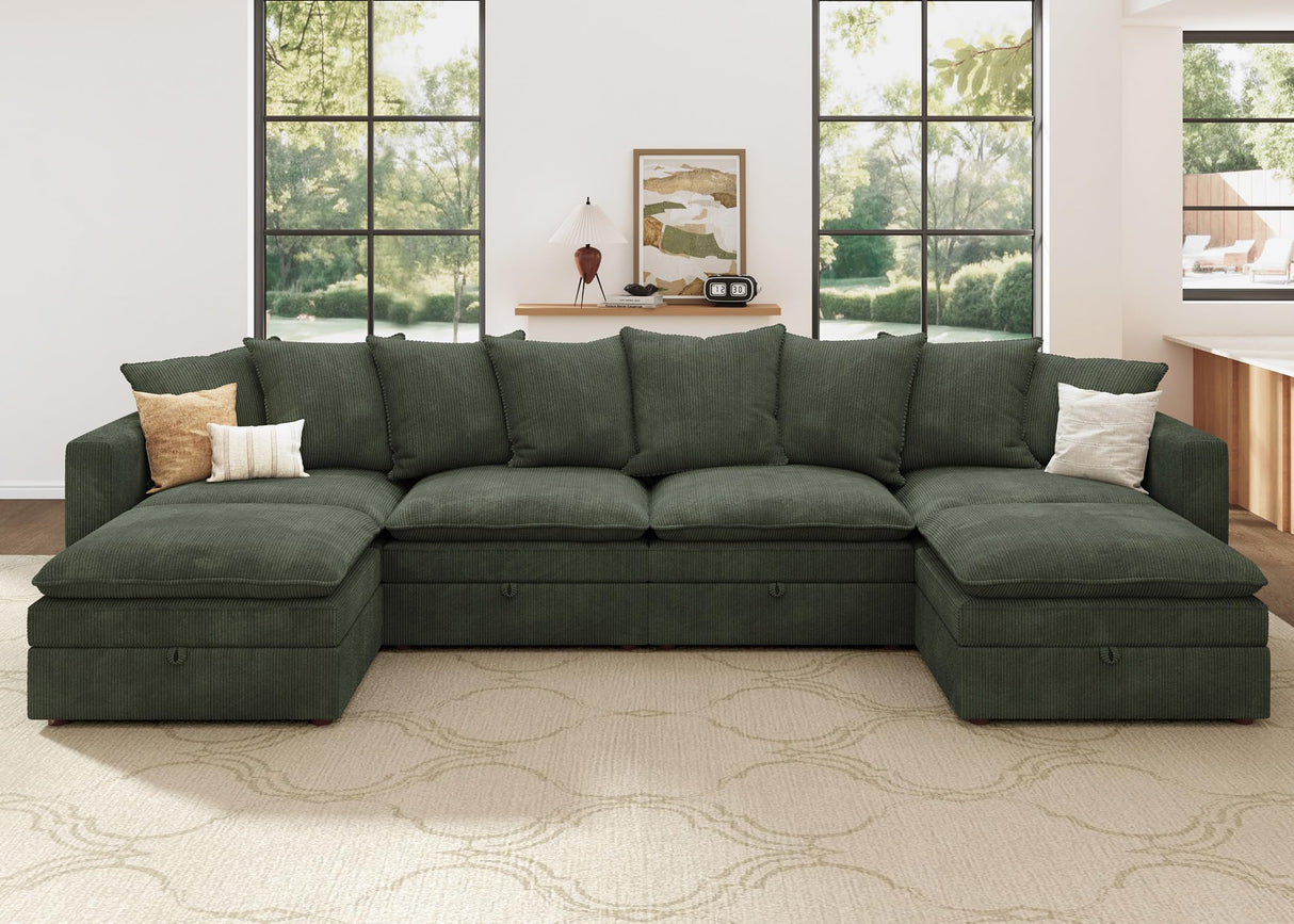 HONBAY Modular Sectional Sofa, Corduroy Sectional Couches for Living Room, U Shaped Couch with Storage, Green HONBAY